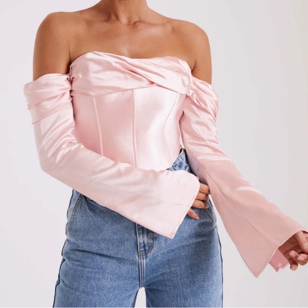 Meshki Giselle Satin Off Shoulder Top - Baby Pink Size M